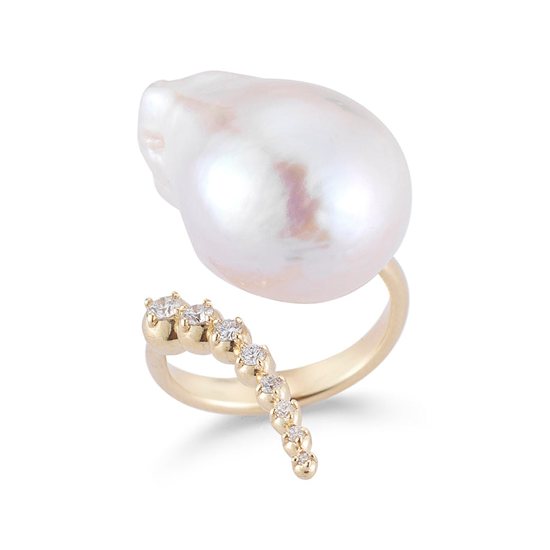 Open Multi Diamond and Baroque White Pearl Ring