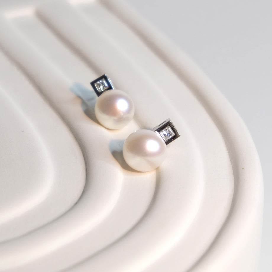 White Pearl Diamond Earring Studs