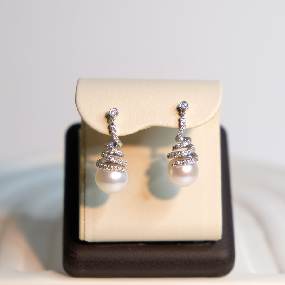 White Pearl Diamond Drop Earrings