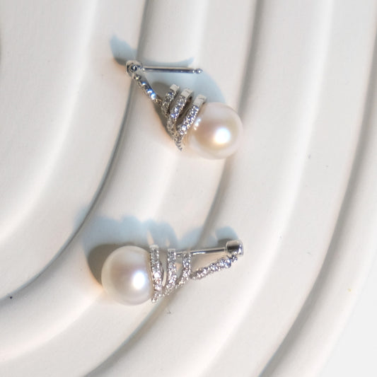 White Pearl Diamond Drop Earrings