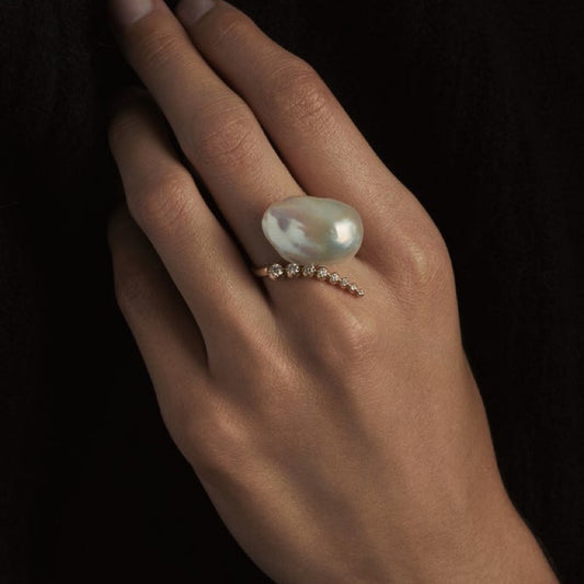 Open Multi Diamond and Baroque White Pearl Ring