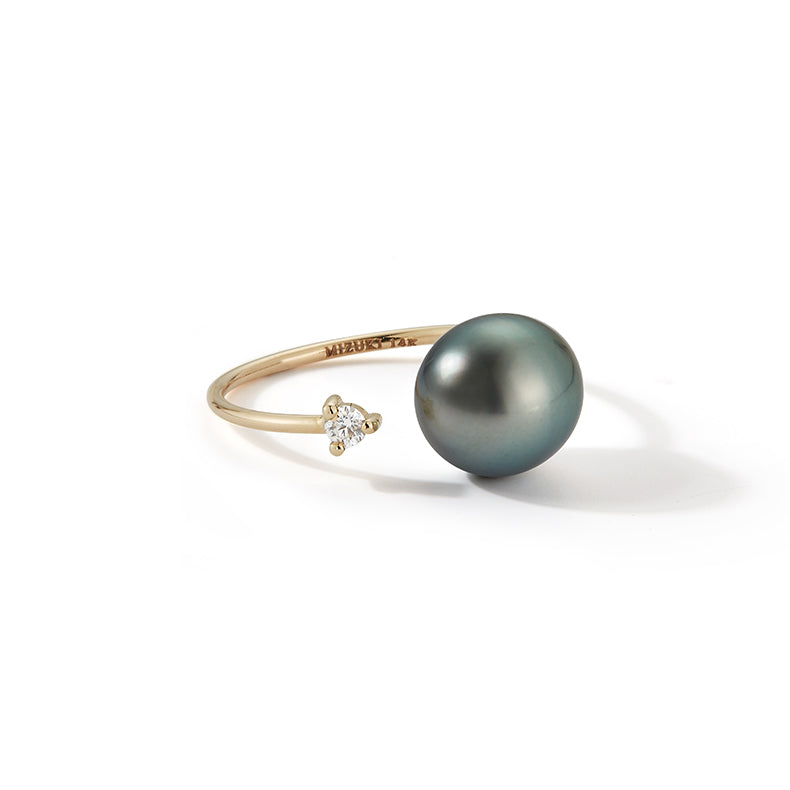 Open Diamond and Black Pearl Ring